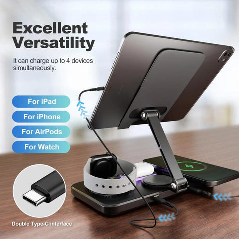 4-in-1 Fast Wireless Charging Station for Phone/Tablet/Apple Watch/AirPods Magnetic Foldable Stand with Clock Display & Cool Light Effect