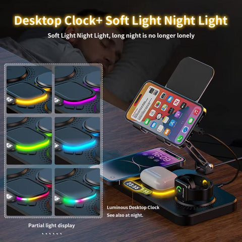 4-in-1 Fast Wireless Charging Station for Phone/Tablet/Apple Watch/AirPods Magnetic Foldable Stand with Clock Display & Cool Light Effect