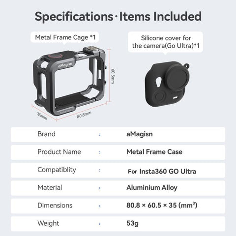 AMagisn Metal Cage For Insta360 GO Ultra Quick Release Protective Frame With Silicone Cover