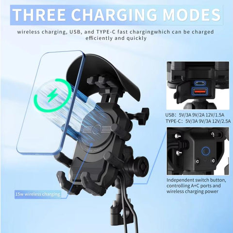 Wireless Charging Motorcycle Phone Holder with Sun Visor & Anti-Theft Lock 360-degree Rotation, Camera Compatible, Handbar Version, Mirror Version
