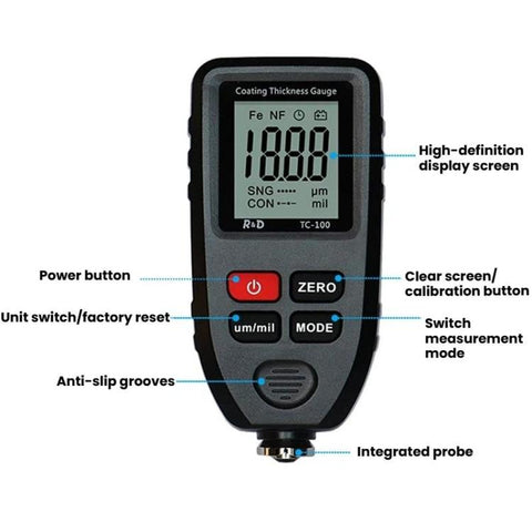 R&D INSTRUMENTS TC-100 High-Precision Coating Thickness Gauge Automotive Paint Film Thickness Tester, TC-100
