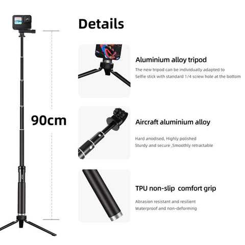 TELESIN 0.9M Selfie Stick Monopod Tripod Compatible With Action Cameras And Smartphones, Aluminum Alloy Tripod, Plastic Tripod