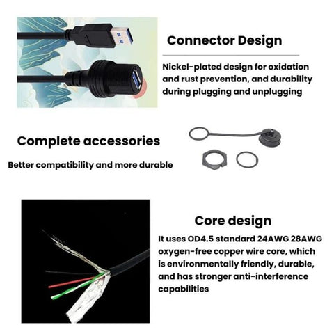 Male To Female 1m Car Boat Yacht Dashboard Extension AMAF Data Charging Connection Cable, USB3.0, USB2.0