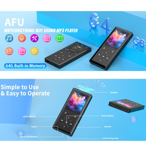 A8 Music Speaker With Card Slot Hi-Fi Lossless MP3 Touchscreen Bluetooth FM Video Player Novel Reader, 4GB, 8GB, 16GB, 32GB, 64GB
