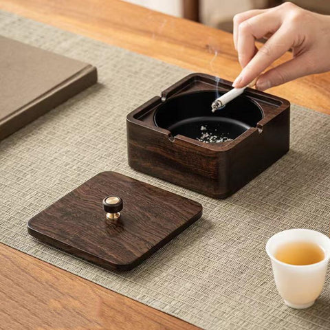 Magnetic Solid Wood Metal Ashtray Ash-Proof and Dust-Proof Design, Walnut Wood Square, Walnut Wood Round, Black Walnut Square, Ebony Wood Square, Dark Walnut Square