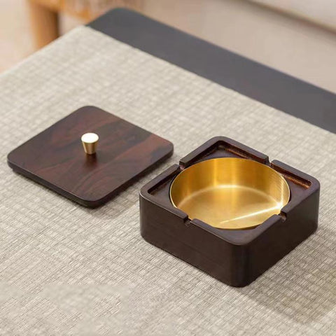 Magnetic Solid Wood Metal Ashtray Ash-Proof and Dust-Proof Design, Walnut Wood Square, Walnut Wood Round, Black Walnut Square, Ebony Wood Square, Dark Walnut Square