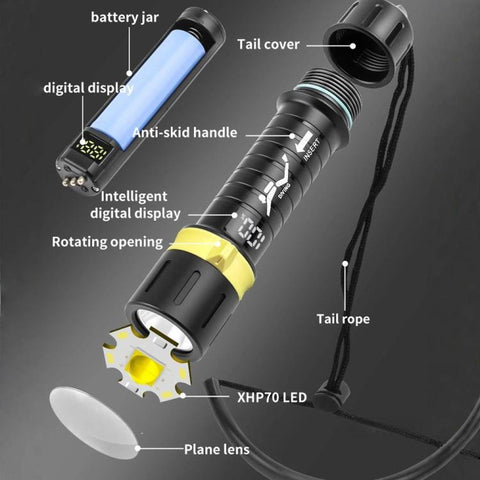 XHP70 LED IPX8 Waterproof High-Power Diving Flashlight Magnetic Control Switch Rechargeable Dive Light, Built In 21700 Battery, Without Battery