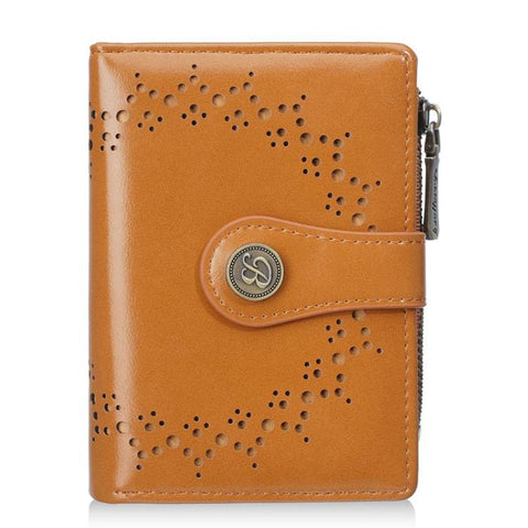 Baellerry N8358 Women Short Wallet Oil-Waxed Leather Hollow Pattern Multi-Card Holder Zippered Coin Pocket