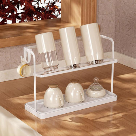 Double Tier Cup Rack With Removable Drip Tray Hanging Organizer For Coffee Mugs, Tea Cups, Thermos, And Glassware