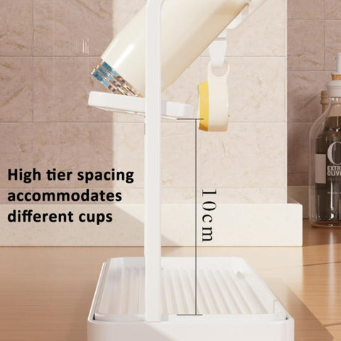 Double Tier Cup Rack With Removable Drip Tray Hanging Organizer For Coffee Mugs, Tea Cups, Thermos, And Glassware