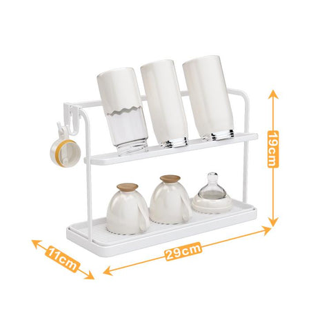 Double Tier Cup Rack With Removable Drip Tray Hanging Organizer For Coffee Mugs, Tea Cups, Thermos, And Glassware