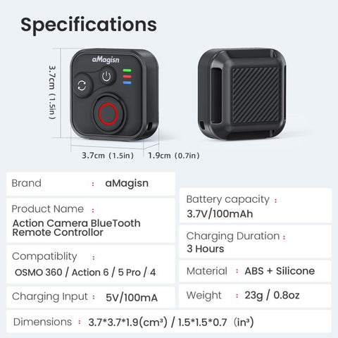 aMagisn Bluetooth Remote Shutter for DJI Osmo Action 6/Action 5 Pro/Action 4/Osmo 360, AA28