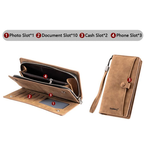 Baellerry C3258 Men Long Wallet Business Casual Snap Closure Money Clip Matte Finish Multi-Card Zipper Clutch