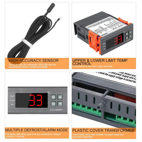 STC-8080A+ Digital Temperature Controller for Refrigeration with Defrost Function & Alarm, for Cold Room, Commercial Freezer, STC-8080A+ 220V