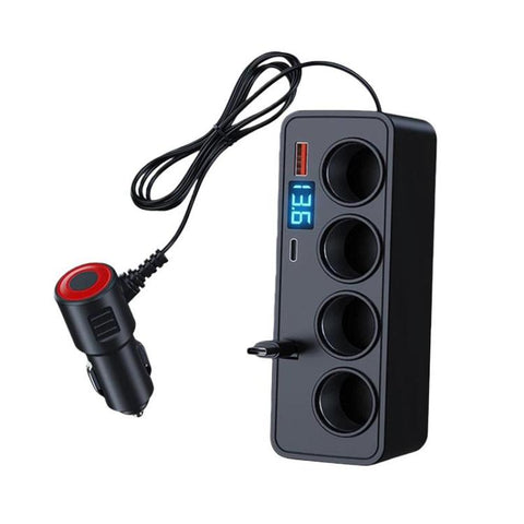 BY-1847 120W 1-To-4 Retractable Car Cable Digital Display Cigarette Lighter Car Charger