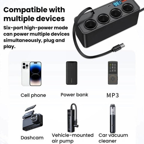 BY-1847 120W 1-To-4 Retractable Car Cable Digital Display Cigarette Lighter Car Charger