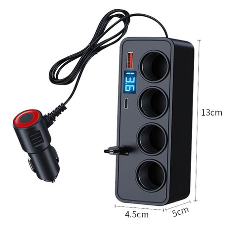 BY-1847 120W 1-To-4 Retractable Car Cable Digital Display Cigarette Lighter Car Charger