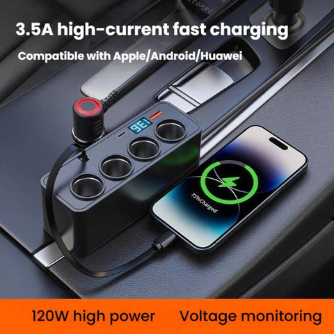 BY-1847 120W 1-To-4 Retractable Car Cable Digital Display Cigarette Lighter Car Charger
