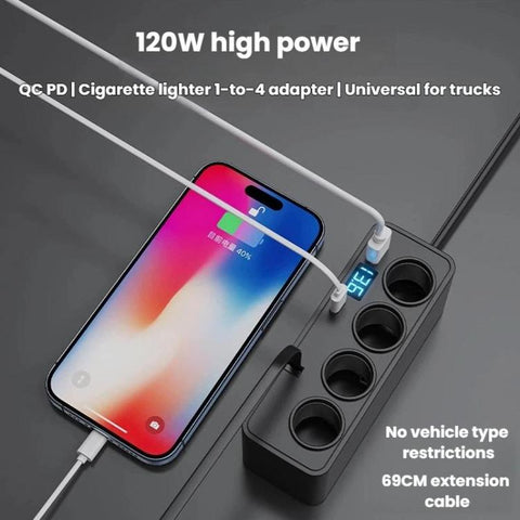 BY-1847 120W 1-To-4 Retractable Car Cable Digital Display Cigarette Lighter Car Charger