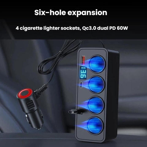 BY-1847 120W 1-To-4 Retractable Car Cable Digital Display Cigarette Lighter Car Charger