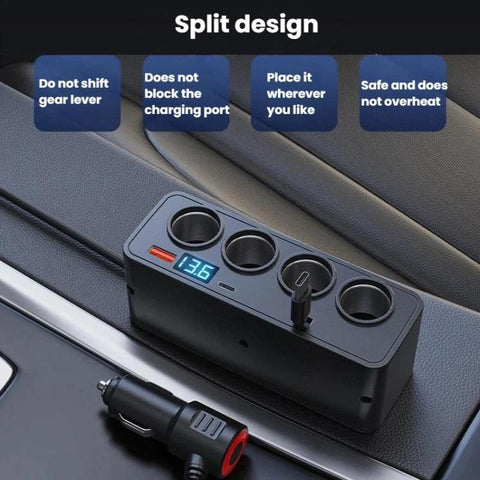 BY-1847 120W 1-To-4 Retractable Car Cable Digital Display Cigarette Lighter Car Charger