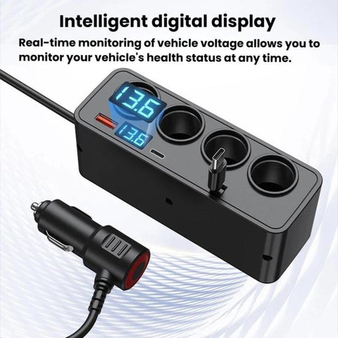 BY-1847 120W 1-To-4 Retractable Car Cable Digital Display Cigarette Lighter Car Charger