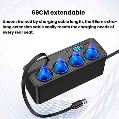 BY-1847 120W 1-To-4 Retractable Car Cable Digital Display Cigarette Lighter Car Charger