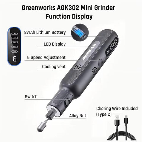 Greenworks 8V Mini Grinder 52pcs Grinding Rotary Tools Combo Cordless Variable Speed Wireless Engraver, AGK302