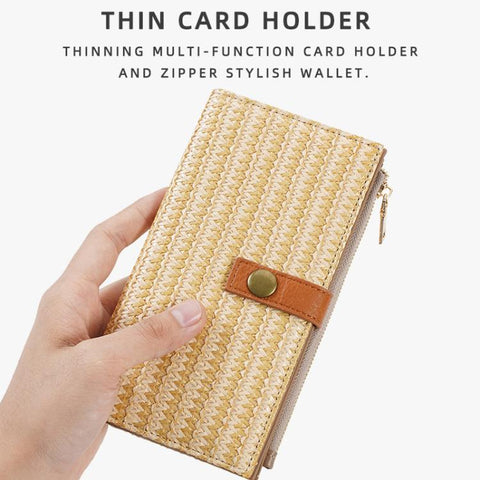 Baellerry N2348 Women Long Wallet Vintage Multi-Card Holder With Zipper Straw-Weave Texture Clutch