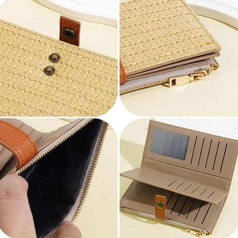 Baellerry N2348 Women Long Wallet Vintage Multi-Card Holder With Zipper Straw-Weave Texture Clutch