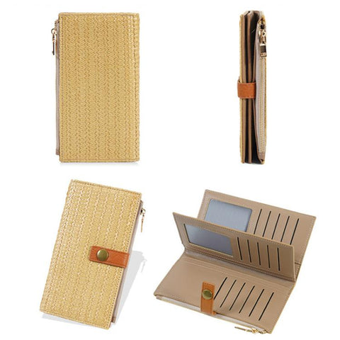Baellerry N2348 Women Long Wallet Vintage Multi-Card Holder With Zipper Straw-Weave Texture Clutch