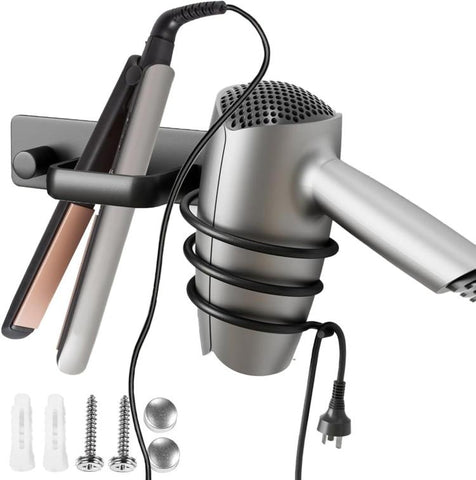 Wall-Mounted Hair Tool Organizer for Flat Iron, Blow Dryer & Curling Iron Space-Saving Aluminum Holder, Drilling Required Silver, Drilling Required Black