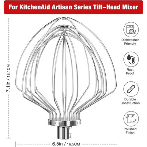 11-Wire Stainless Steel Whisk Attachment for KitchenAid 7 Quart Bowl-Lift Stand Mixer