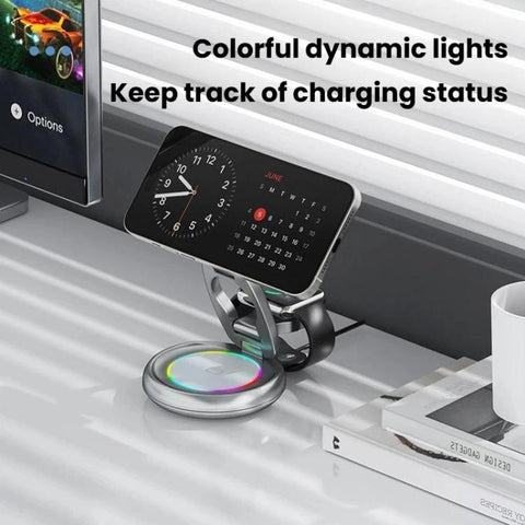 15W 3 In 1 Magnetic Wireless Charger With LED Colorful Lights Rotatable Desktop Charging Stand