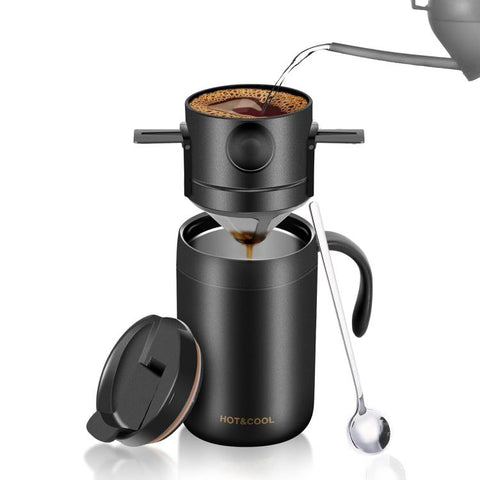 Portable Outdoor Coffee Maker Cup Stainless Steel Thermos Home Coffee Cup Drip Set, Black Cup+Drip Tray, Black Cup+Drip Tray+Spoon, White Cup+Drip Tray, White Cup+Drip Tray+Spoon