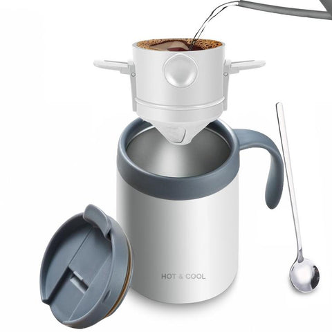 Portable Outdoor Coffee Maker Cup Stainless Steel Thermos Home Coffee Cup Drip Set, Black Cup+Drip Tray, Black Cup+Drip Tray+Spoon, White Cup+Drip Tray, White Cup+Drip Tray+Spoon