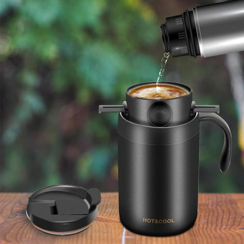 Portable Outdoor Coffee Maker Cup Stainless Steel Thermos Home Coffee Cup Drip Set, Black Cup+Drip Tray, Black Cup+Drip Tray+Spoon, White Cup+Drip Tray, White Cup+Drip Tray+Spoon