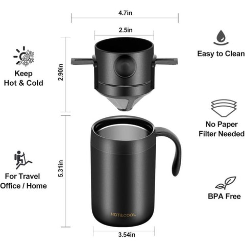 Portable Outdoor Coffee Maker Cup Stainless Steel Thermos Home Coffee Cup Drip Set, Black Cup+Drip Tray, Black Cup+Drip Tray+Spoon, White Cup+Drip Tray, White Cup+Drip Tray+Spoon
