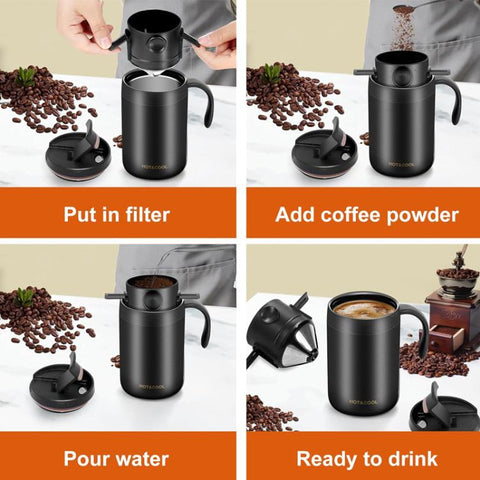 Portable Outdoor Coffee Maker Cup Stainless Steel Thermos Home Coffee Cup Drip Set, Black Cup+Drip Tray, Black Cup+Drip Tray+Spoon, White Cup+Drip Tray, White Cup+Drip Tray+Spoon