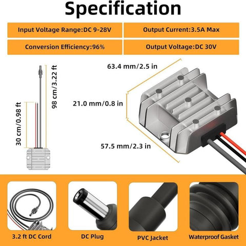 12V/24V To 30V 3.5A DC Power Converter, With 1M DC Cable, With 1M DC Cable + Clip, With 1M DC Cable + Fuse