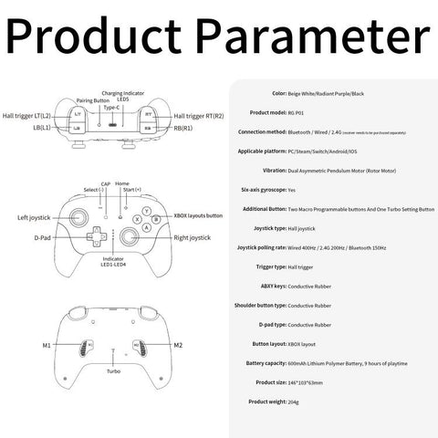 ANBERNIC RGP01 Multi-Platform Gaming Controller for PC/Switch/Steam With Hall Effect Joystick & Triggers, 3-Mode Connectivity, RGB, White, Black, Purple, With Receiver White, With Receiver Black, With Receiver Purple