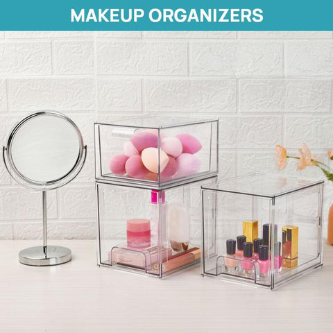 Tall Openwork Desktop Storage Box Drawer-Style Stackable Transparent Plastic Cosmetic Organizer, Single, 4pcs