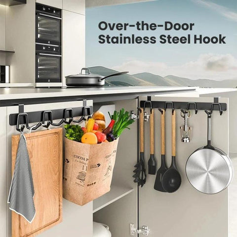 Over-the-Door Stainless Steel Hook Rack No Drill Multi-Hooks for Cabinet/Closet Door, Single Black, Single White, Double Black, Double White