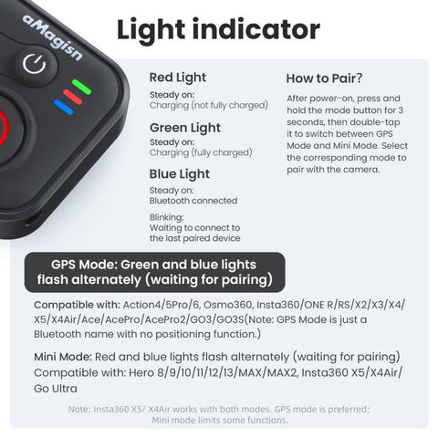 aMagisn Bluetooth Remote Controller 3.0 Universal Version For Insta360, GoPro Hero, Android/ios Smartphones, DJI OSMO 360, Action 6/5 Pro/4, AM40
