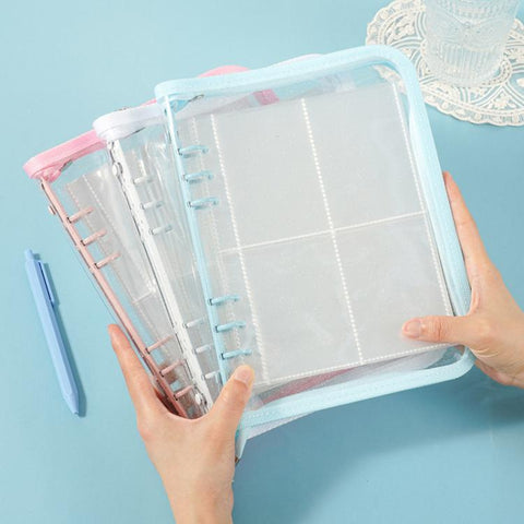 A5 Clear Sparkly PVC Multi-Function Zipper Pouch with 25 Loose-Leaf Four-Compartment Pages for Jewelry, Money, Photo Storage