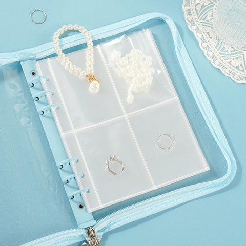 A5 Clear Sparkly PVC Multi-Function Zipper Pouch with 25 Loose-Leaf Four-Compartment Pages for Jewelry, Money, Photo Storage