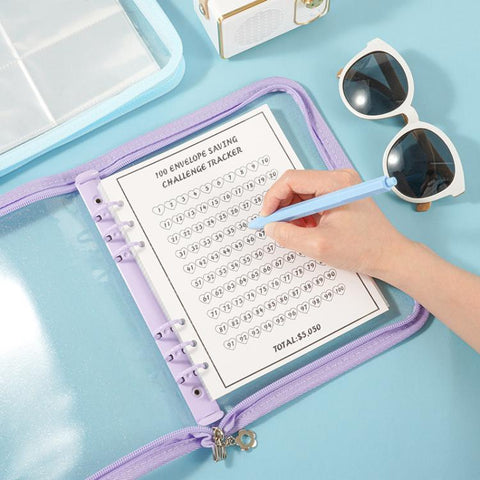 A5 Clear Sparkly PVC Multi-Function Zipper Pouch with 25 Loose-Leaf Four-Compartment Pages for Jewelry, Money, Photo Storage