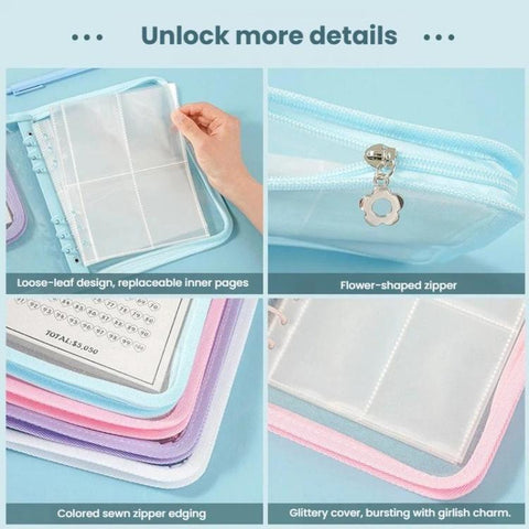 A5 Clear Sparkly PVC Multi-Function Zipper Pouch with 25 Loose-Leaf Four-Compartment Pages for Jewelry, Money, Photo Storage