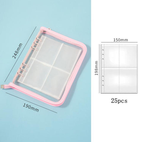 A5 Clear Sparkly PVC Multi-Function Zipper Pouch with 25 Loose-Leaf Four-Compartment Pages for Jewelry, Money, Photo Storage