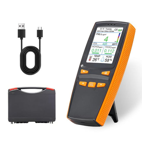 Handheld 10-In-1 Air Quality Monitor With Data Export To PC Detector For CO2, PM2.5, PM10, HCHO, TVOC, AQI, Temperature & Humidity, DM509